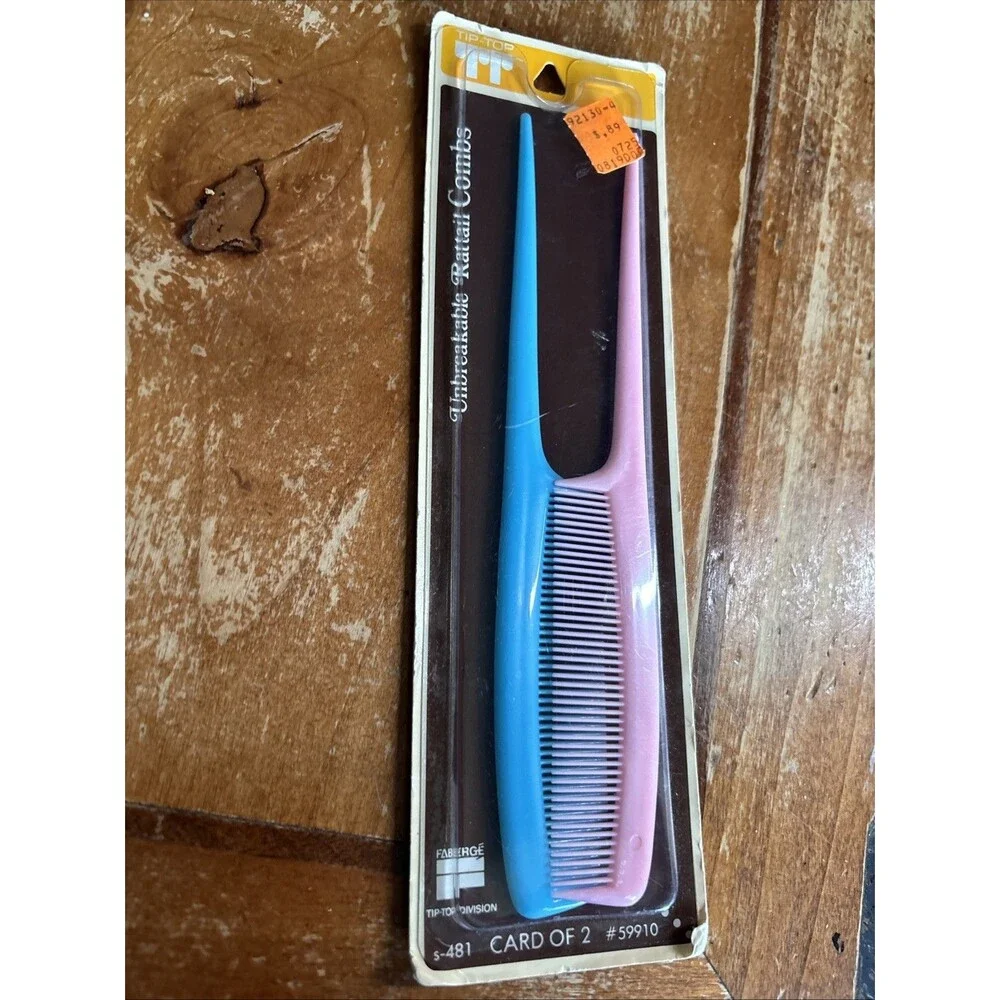 NEW VINTAGE Faberge Tip-top Rattail UNBREAKABLE COMB RETRO COMBS Blue Pink#59910